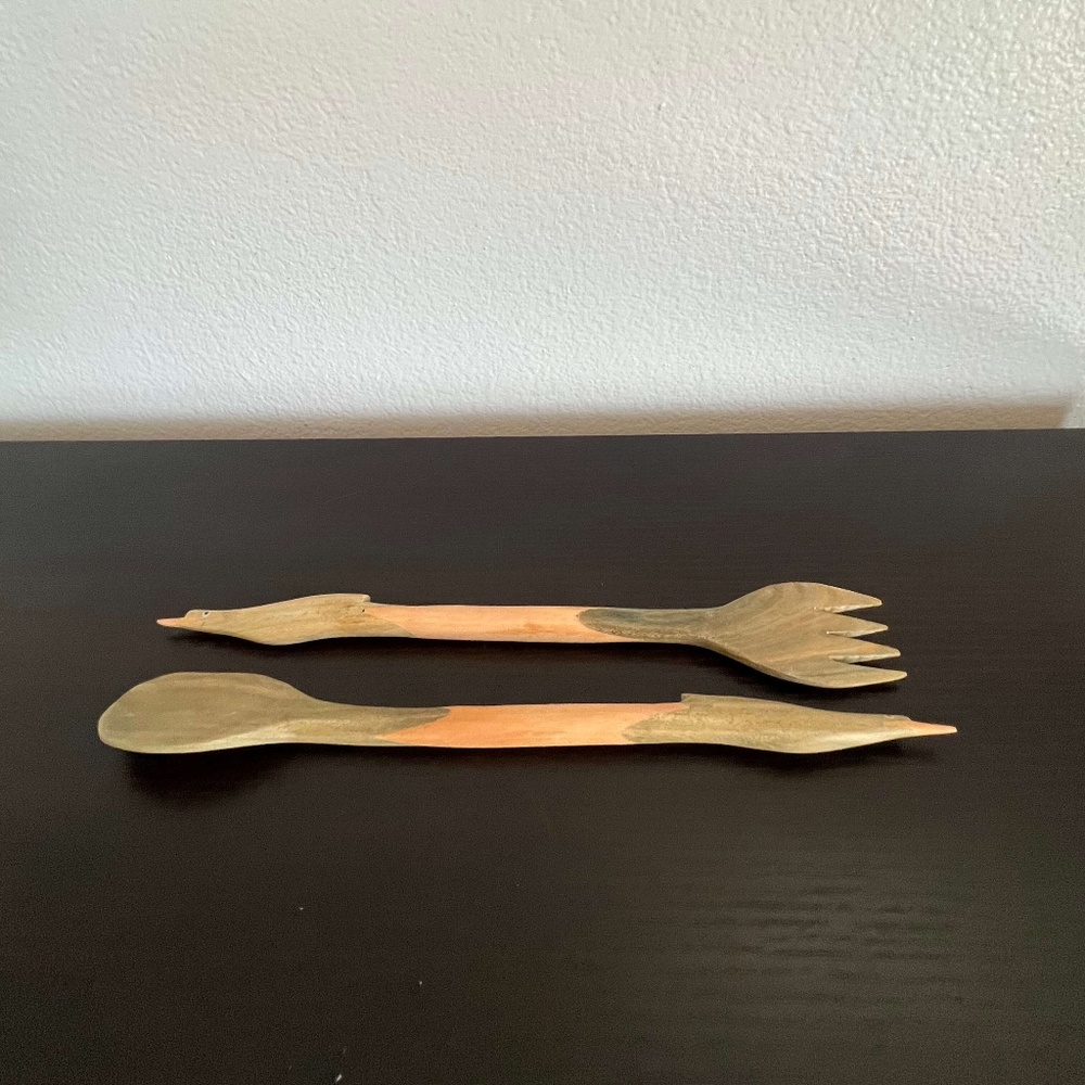 RARE & UNIQUE! Hand Carved Wooden Salad Servers | NEW - never used